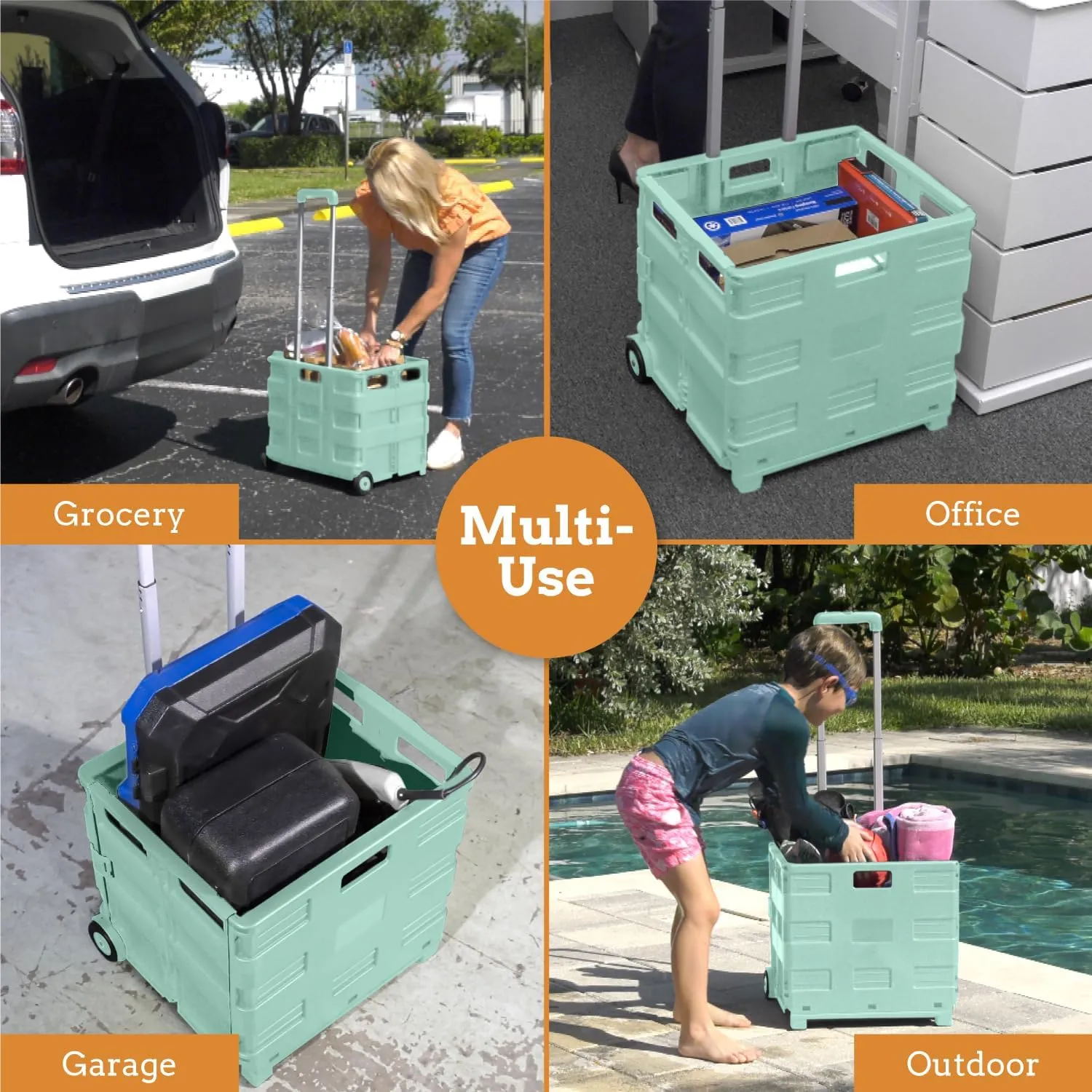 Inspired Living Ultra-Slim Rolling Collapsible Storage Pack-N-Roll Utility-carts, with Telescopic Handle, for Home, Garden, Shopping, Office, School use, Large, Mint