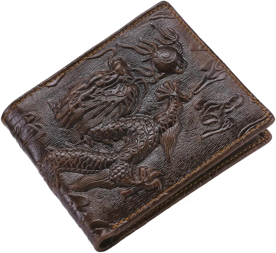 Itslife Mens Bifold Wallet with 3D Dragon Pattern,Leather Wallets for Men RFID Blocking,Gift Wallet for Men (Dragon Brown)