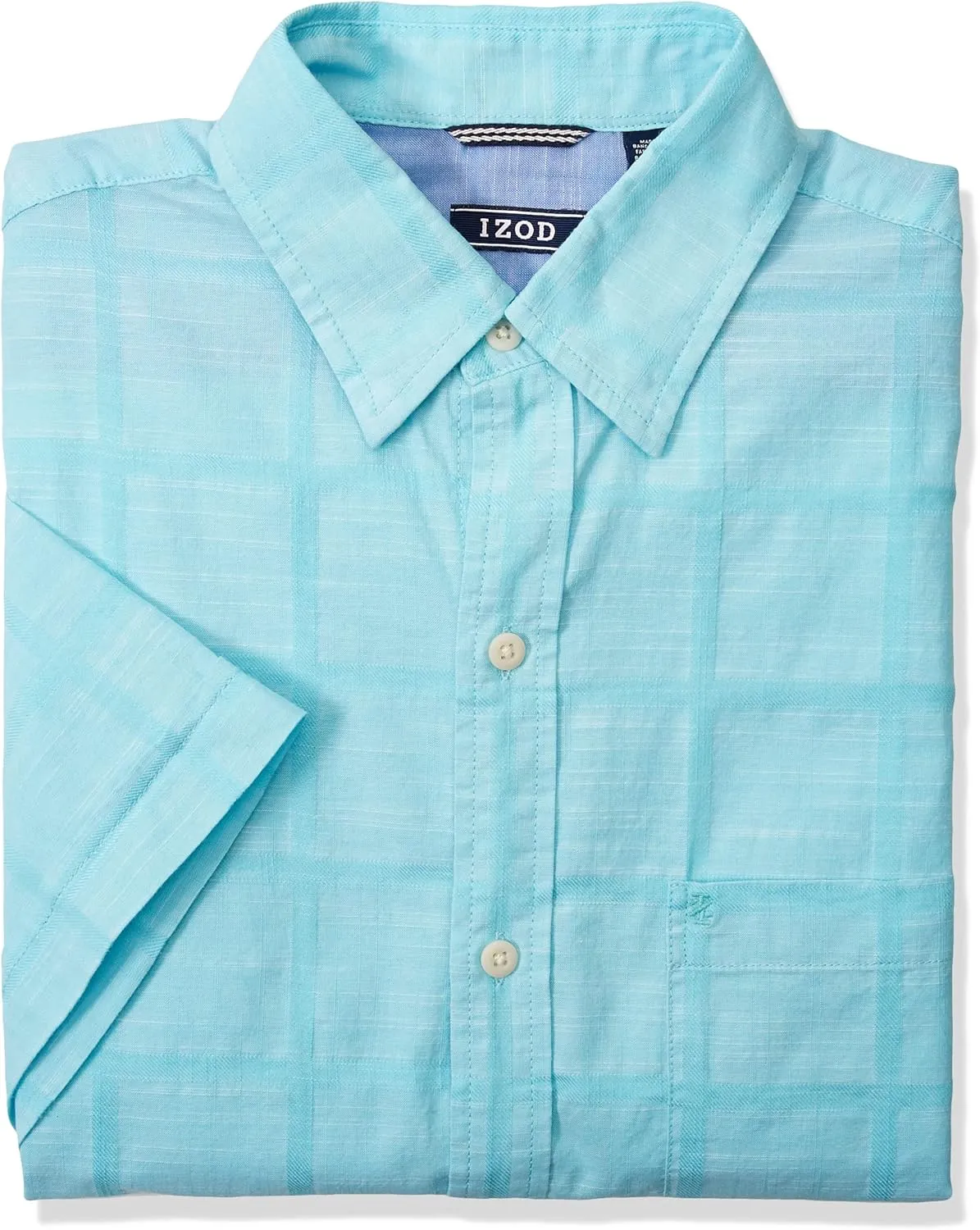 IZOD Men's Slim Fit Saltwater Short Sleeve Windowpane Button Down Shirt, Blue Radiance, Large