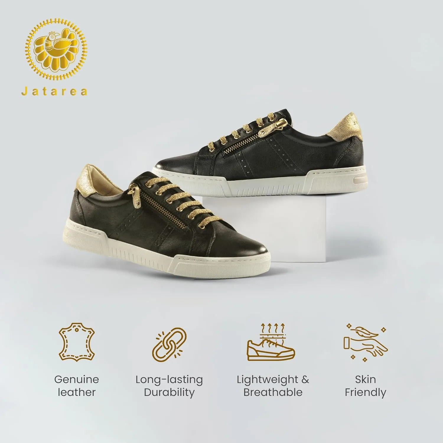 JATAREA Women's Fashion Sneakers – Genuine Leather Casual Shoes, Comfortable Cushioned Insole, TPR Rubber - Ethylene Vinyl Sole, Stylish Lifestyle, Lightweight & Durable Travel Sneakers