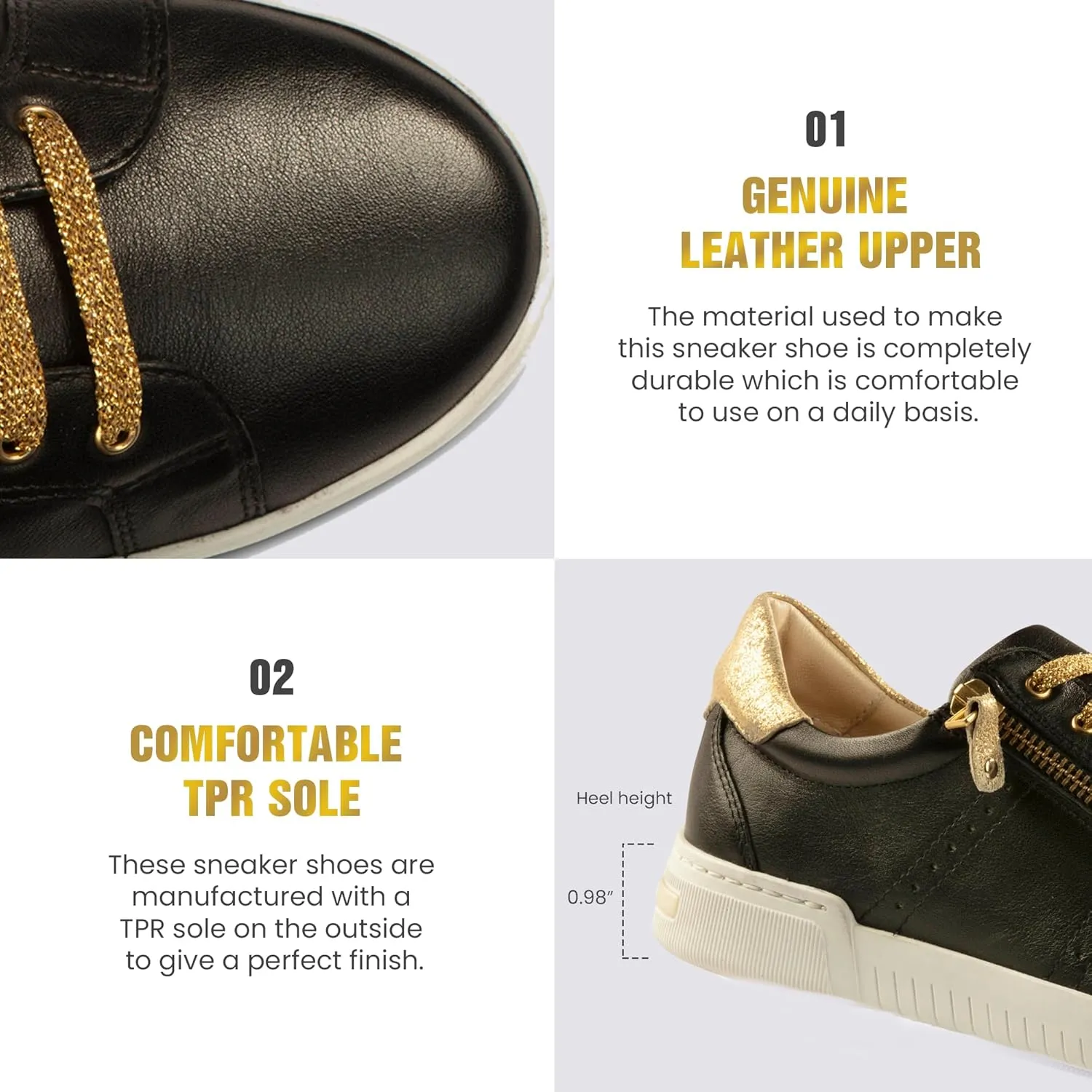 JATAREA Women's Fashion Sneakers – Genuine Leather Casual Shoes, Comfortable Cushioned Insole, TPR Rubber - Ethylene Vinyl Sole, Stylish Lifestyle, Lightweight & Durable Travel Sneakers