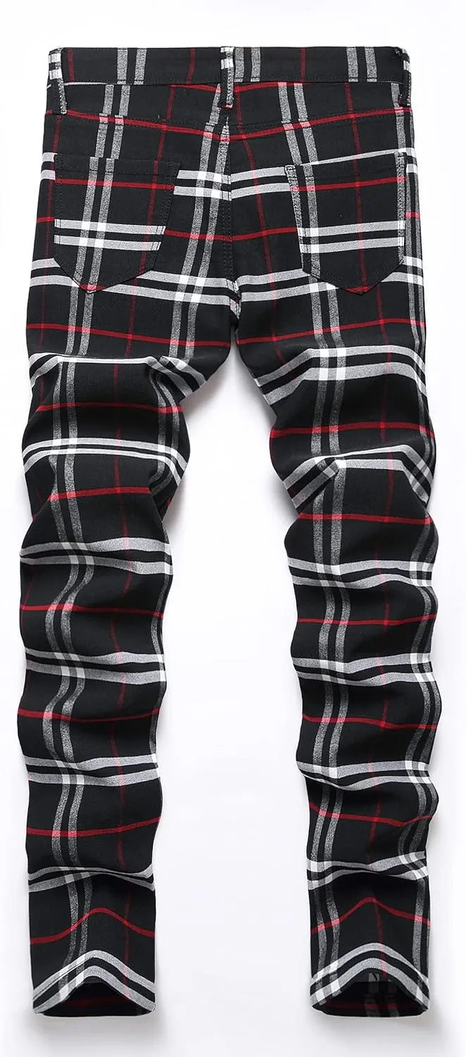 JE&NS Men's Stretch Slim Fit Flat-Front Casual Skinny Chinos Plaid Dress Pants