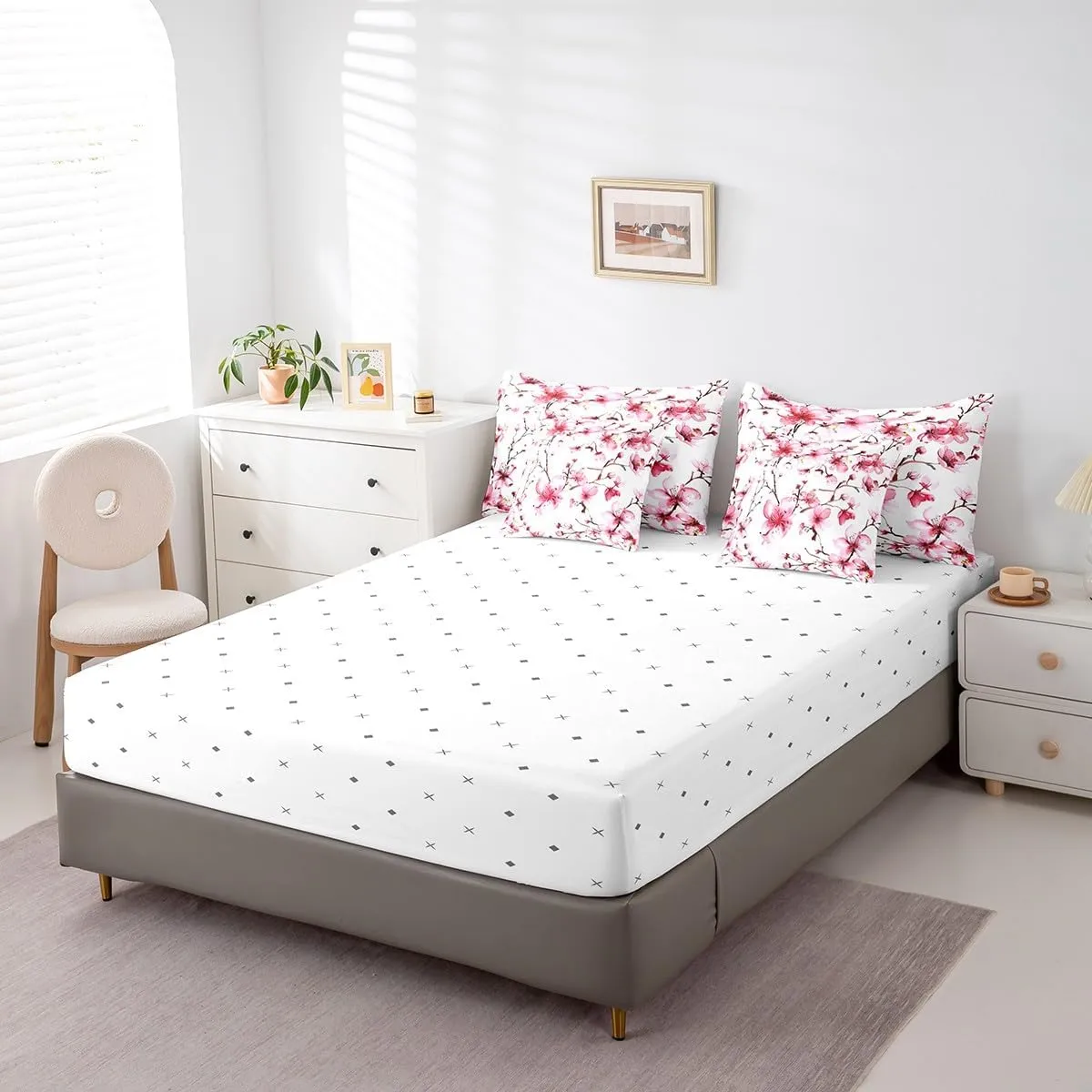 jejeloiu Cherry Blossoms Bedding Set King Size Kids Japanese Style Comforter Set with Sheets 7 Piece Cherry Flower Bed in a Bag Floral Botanical Pink White Bed Set