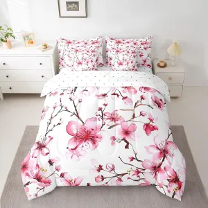 jejeloiu Cherry Blossoms Bedding Set King Size Kids Japanese Style Comforter Set with Sheets 7 Piece Cherry Flower Bed in a Bag Floral Botanical Pink White Bed Set