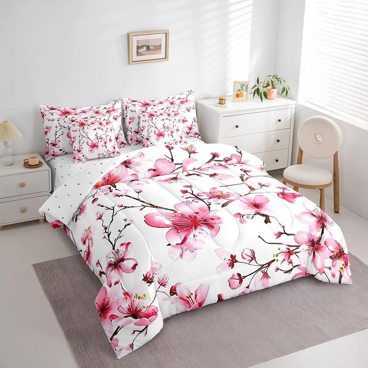 jejeloiu Cherry Blossoms Bedding Set King Size Kids Japanese Style Comforter Set with Sheets 7 Piece Cherry Flower Bed in a Bag Floral Botanical Pink White Bed Set