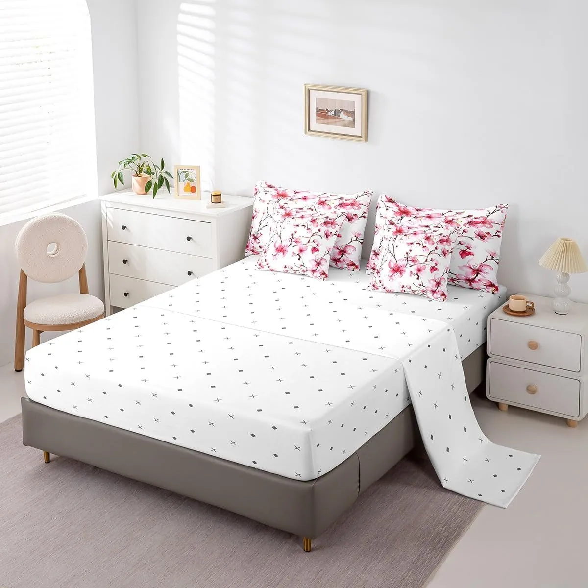 jejeloiu Cherry Blossoms Bedding Set King Size Kids Japanese Style Comforter Set with Sheets 7 Piece Cherry Flower Bed in a Bag Floral Botanical Pink White Bed Set