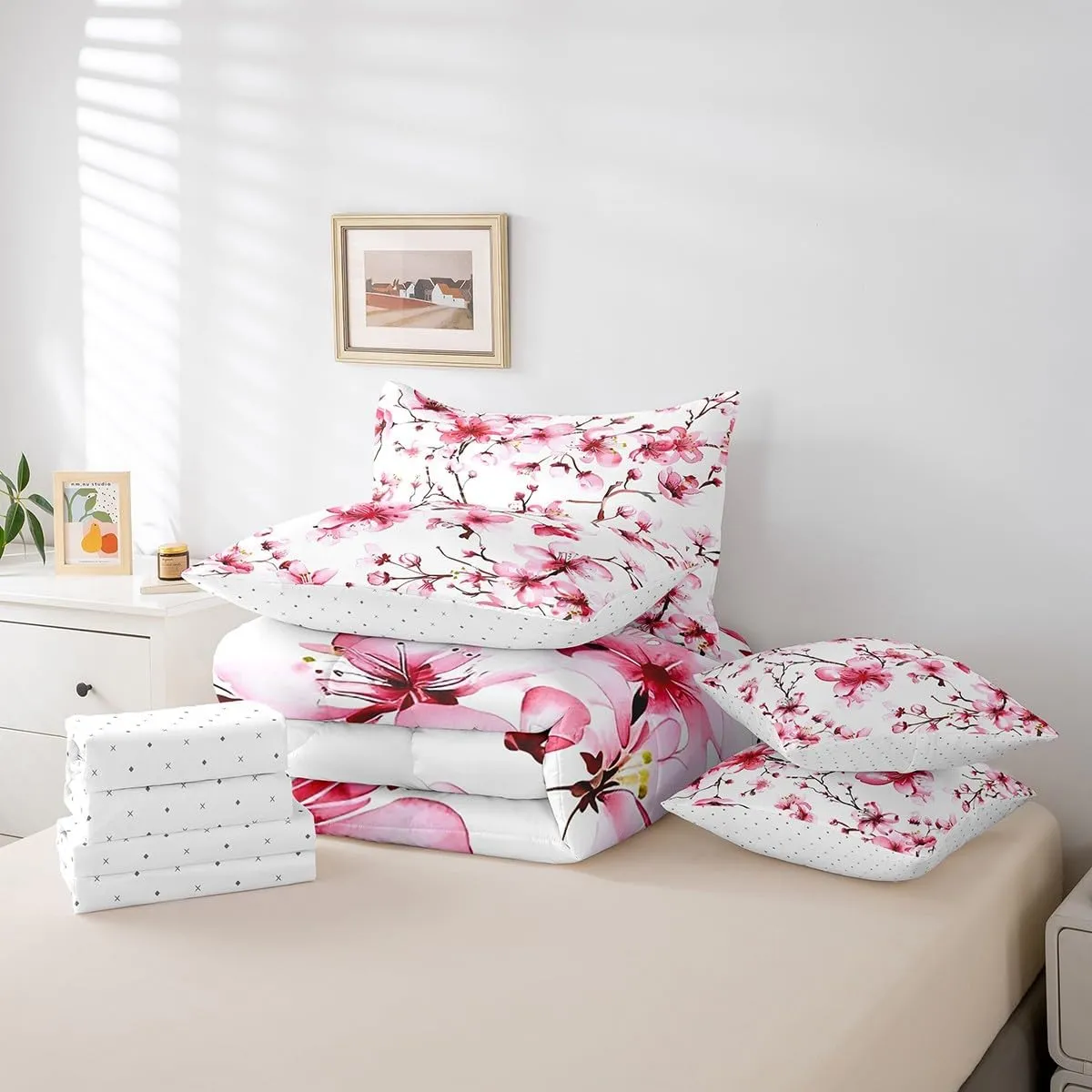 jejeloiu Cherry Blossoms Bedding Set King Size Kids Japanese Style Comforter Set with Sheets 7 Piece Cherry Flower Bed in a Bag Floral Botanical Pink White Bed Set