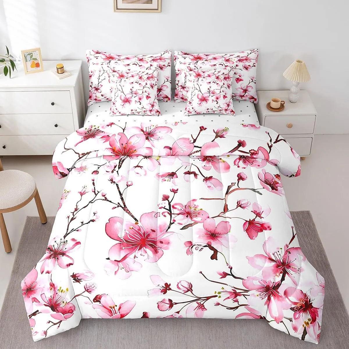 jejeloiu Cherry Blossoms Bedding Set King Size Kids Japanese Style Comforter Set with Sheets 7 Piece Cherry Flower Bed in a Bag Floral Botanical Pink White Bed Set
