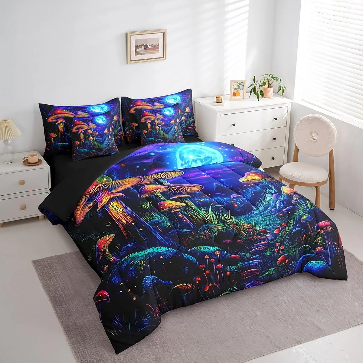 jejeloiu Cute Mushroom Comforter Set with Sheets Queen Size Kids Cartoon Mystic 7 Pieces Bedding Set for Boys Girls Teens Kawaii Fungus Decor Bed in a Bag Breathable Starry Night Sky Bedroom Decor