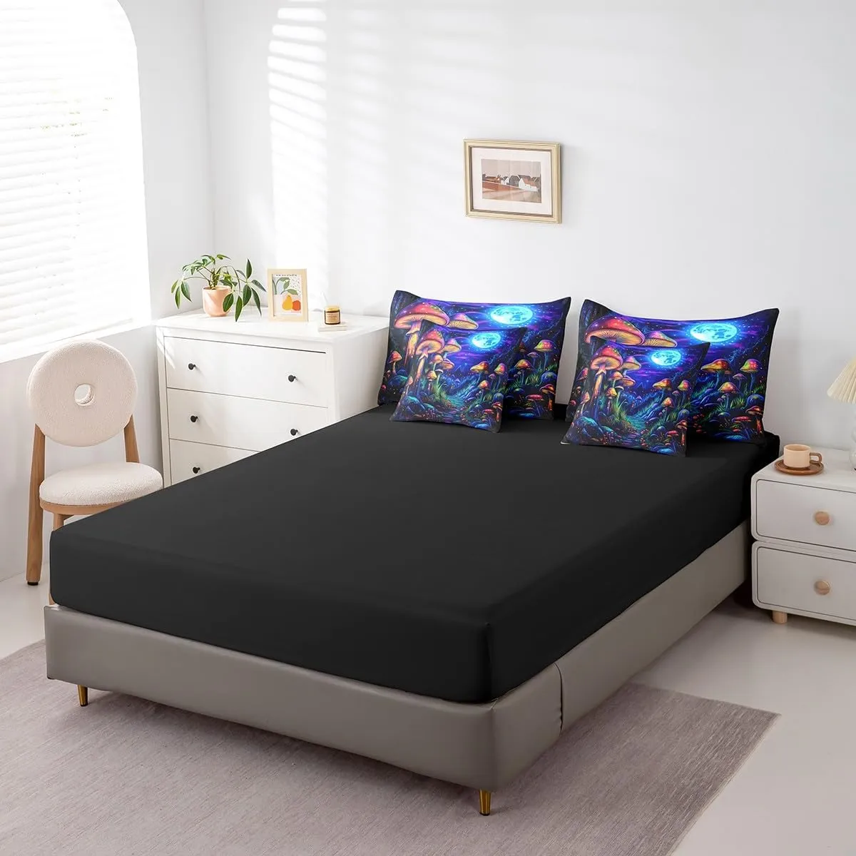 jejeloiu Cute Mushroom Comforter Set with Sheets Queen Size Kids Cartoon Mystic 7 Pieces Bedding Set for Boys Girls Teens Kawaii Fungus Decor Bed in a Bag Breathable Starry Night Sky Bedroom Decor