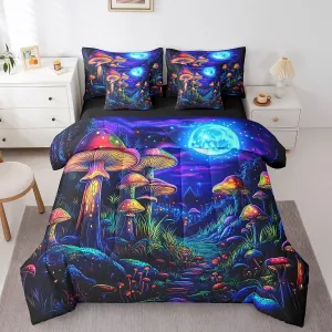 jejeloiu Cute Mushroom Comforter Set with Sheets Queen Size Kids Cartoon Mystic 7 Pieces Bedding Set for Boys Girls Teens Kawaii Fungus Decor Bed in a Bag Breathable Starry Night Sky Bedroom Decor
