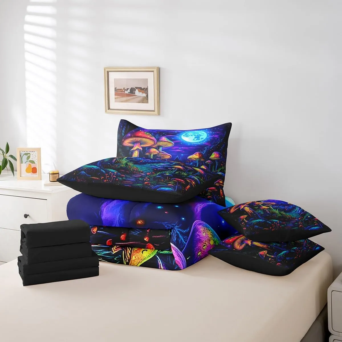 jejeloiu Cute Mushroom Comforter Set with Sheets Queen Size Kids Cartoon Mystic 7 Pieces Bedding Set for Boys Girls Teens Kawaii Fungus Decor Bed in a Bag Breathable Starry Night Sky Bedroom Decor