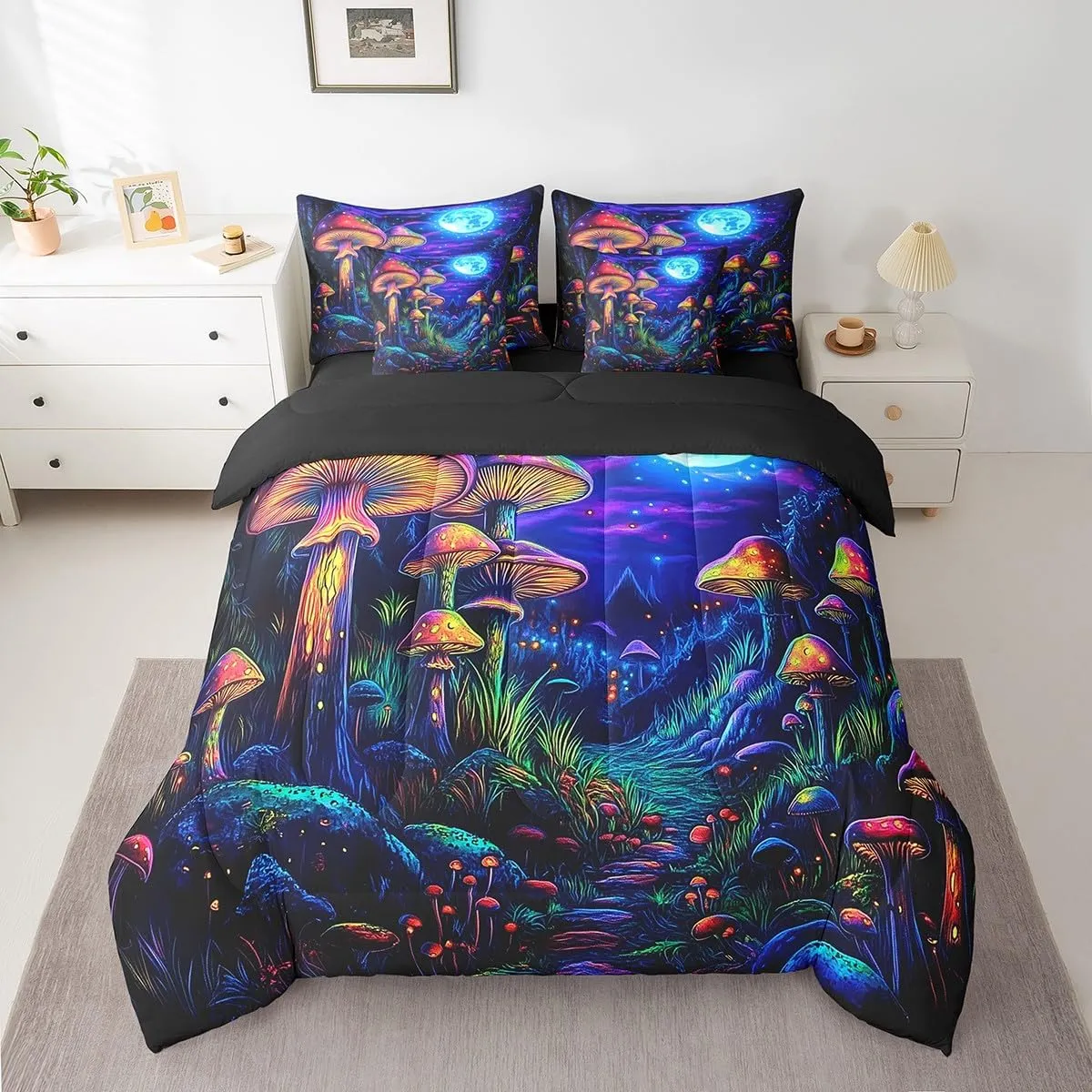 jejeloiu Cute Mushroom Comforter Set with Sheets Queen Size Kids Cartoon Mystic 7 Pieces Bedding Set for Boys Girls Teens Kawaii Fungus Decor Bed in a Bag Breathable Starry Night Sky Bedroom Decor