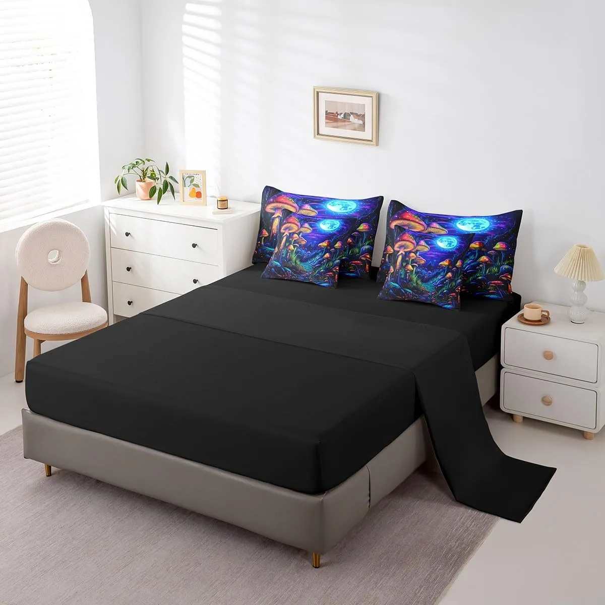 jejeloiu Cute Mushroom Comforter Set with Sheets Queen Size Kids Cartoon Mystic 7 Pieces Bedding Set for Boys Girls Teens Kawaii Fungus Decor Bed in a Bag Breathable Starry Night Sky Bedroom Decor