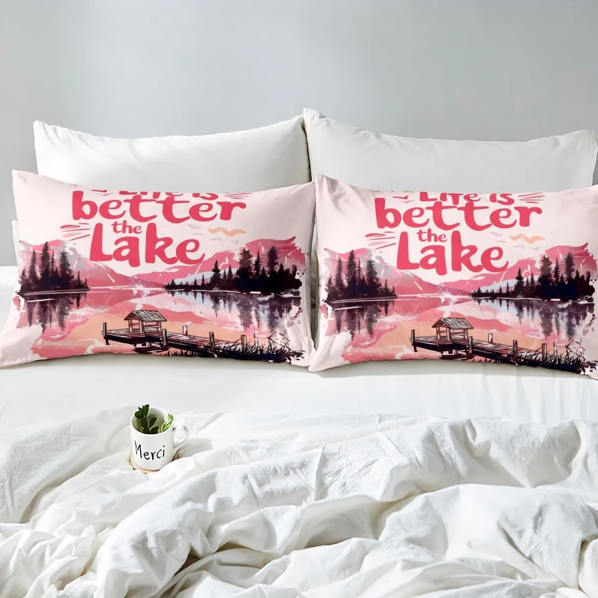 jejeloiu Pink Lake Fitted Sheet Twin Size Kids Lakeside Fishing Bed Sheets Set for Boys Girls Teens Cabin Mountain Bedding Set Breathable Tree Bedroom Decor