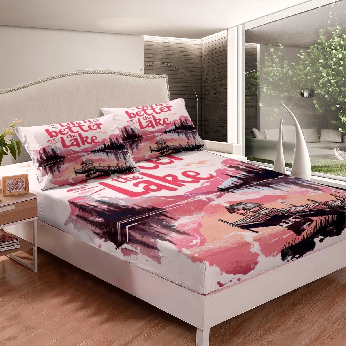 jejeloiu Pink Lake Fitted Sheet Twin Size Kids Lakeside Fishing Bed Sheets Set for Boys Girls Teens Cabin Mountain Bedding Set Breathable Tree Bedroom Decor