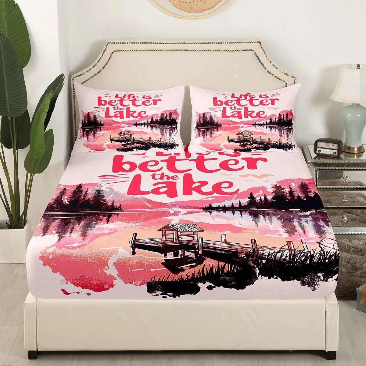 jejeloiu Pink Lake Fitted Sheet Twin Size Kids Lakeside Fishing Bed Sheets Set for Boys Girls Teens Cabin Mountain Bedding Set Breathable Tree Bedroom Decor