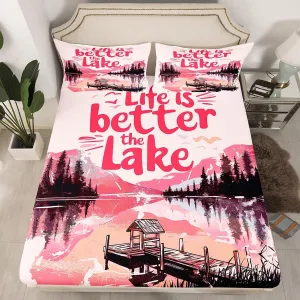 jejeloiu Pink Lake Fitted Sheet Twin Size Kids Lakeside Fishing Bed Sheets Set for Boys Girls Teens Cabin Mountain Bedding Set Breathable Tree Bedroom Decor