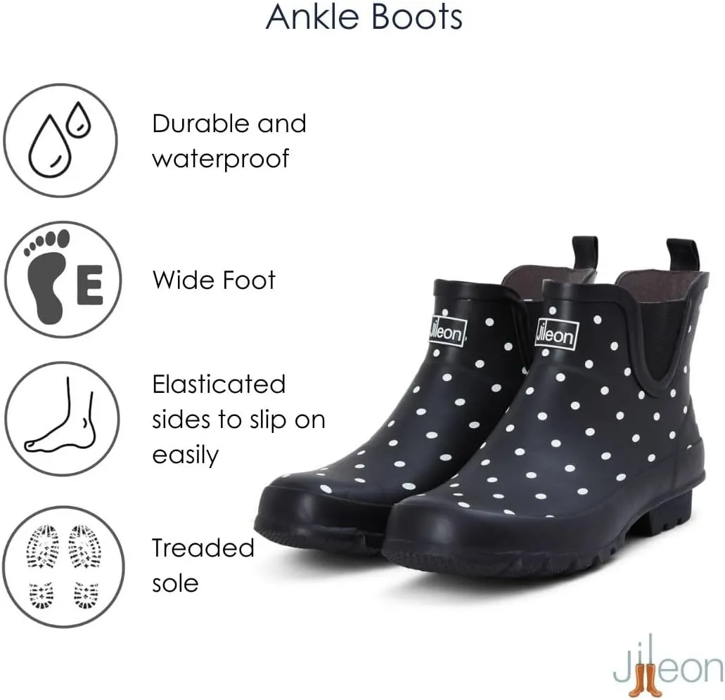Jileon Womens Ankle Height Waterproof Rubber Rain Boots - Designed For Wide Feet & Wide Calves - Easy to Slip on and Off