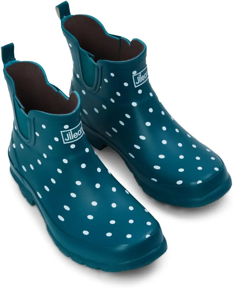 Jileon Womens Ankle Height Waterproof Rubber Rain Boots - Designed For Wide Feet & Wide Calves - Easy to Slip on and Off