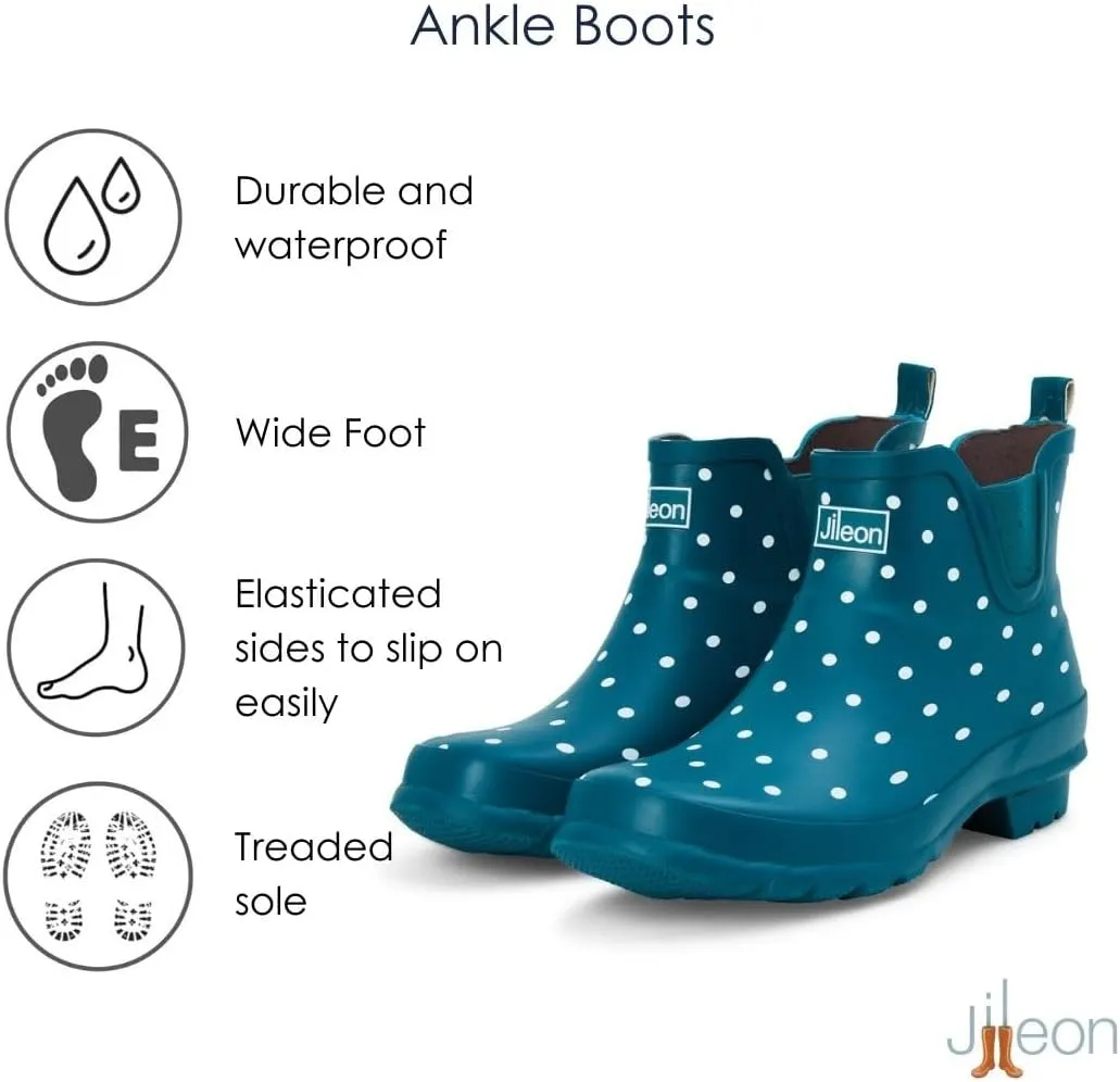 Jileon Womens Ankle Height Waterproof Rubber Rain Boots - Designed For Wide Feet & Wide Calves - Easy to Slip on and Off