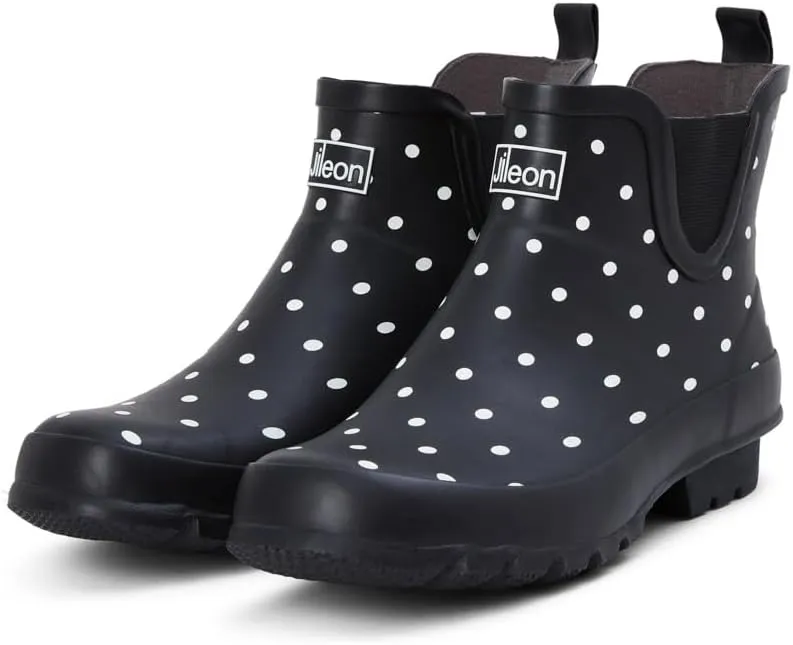 Jileon Womens Ankle Height Waterproof Rubber Rain Boots - Designed For Wide Feet & Wide Calves - Easy to Slip on and Off