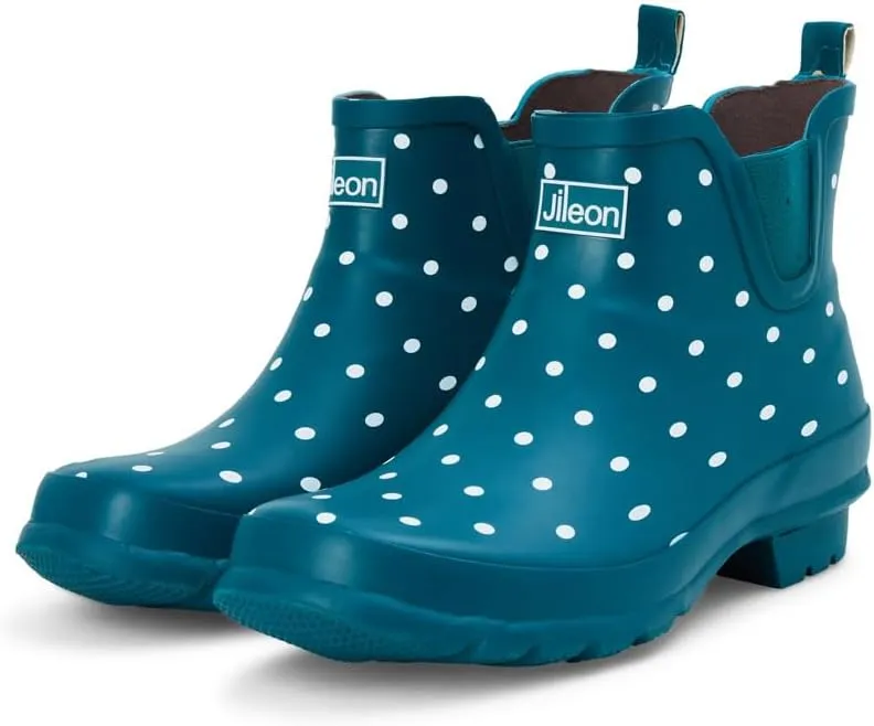 Jileon Womens Ankle Height Waterproof Rubber Rain Boots - Designed For Wide Feet & Wide Calves - Easy to Slip on and Off