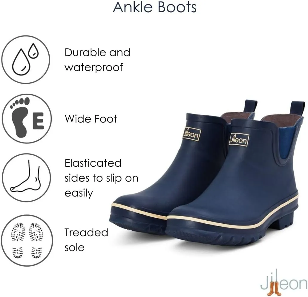 Jileon Womens Ankle Height Waterproof Rubber Rain Boots - Designed For Wide Feet & Wide Calves - Easy to Slip on and Off