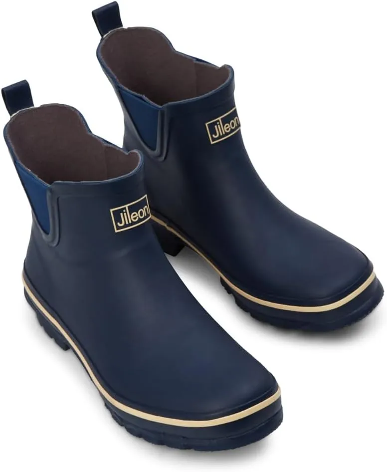 Jileon Womens Ankle Height Waterproof Rubber Rain Boots - Designed For Wide Feet & Wide Calves - Easy to Slip on and Off