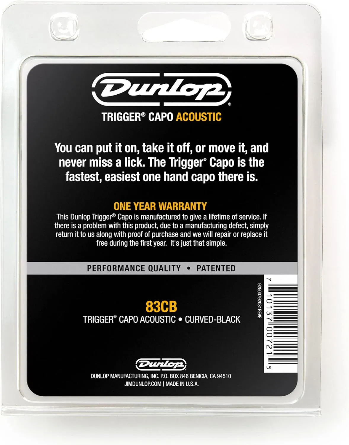 Jim Dunlop Acoustic Trigger, Curved, Black Guitar Capo (83CB)