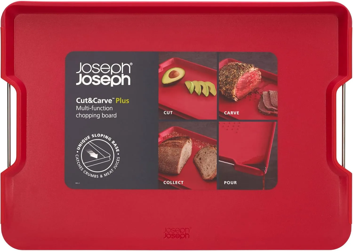 Joseph Joseph Cut&Carve Plus - Non-Slip, Multi-Function, Double-Sided Cutting Board for Food Preparation and Carving- Dishwasher Safe, Red
