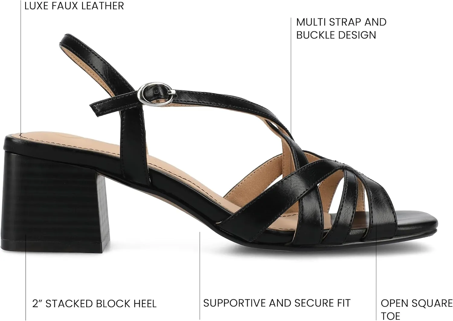 Journee Womens Block heel Cushioned Footbed Shyla Crisscross straps Faux Leather Multi Straps 2-3 inch heel Open Toe