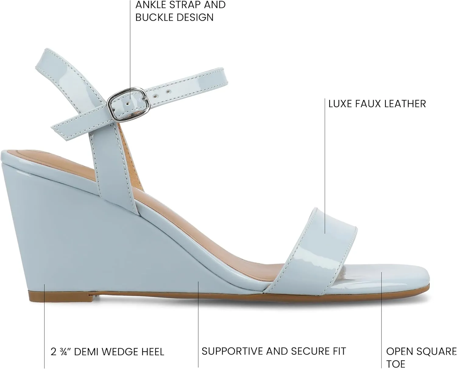Journee Womens cushioned footbed Dressy Wedge Sandal Clayr Faux Leather Wedge Heel Ankle Straps 2-3 Inch Heel Open Toe