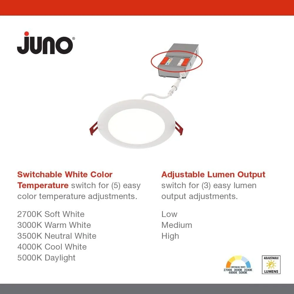 Juno WF6 ALO20 SWW5 90CRI MVOLT MW M6 Canless LED Wafer Downlight, Switchable White 2700K-5000K, Adjustable Lumens, Flat Trim, Matte White, 6-Inch