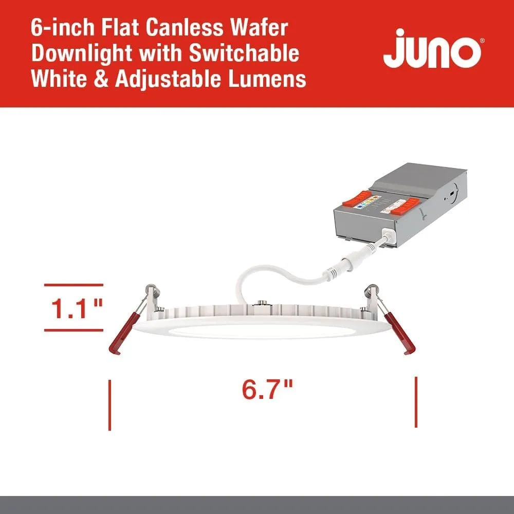 Juno WF6 ALO20 SWW5 90CRI MVOLT MW M6 Canless LED Wafer Downlight, Switchable White 2700K-5000K, Adjustable Lumens, Flat Trim, Matte White, 6-Inch