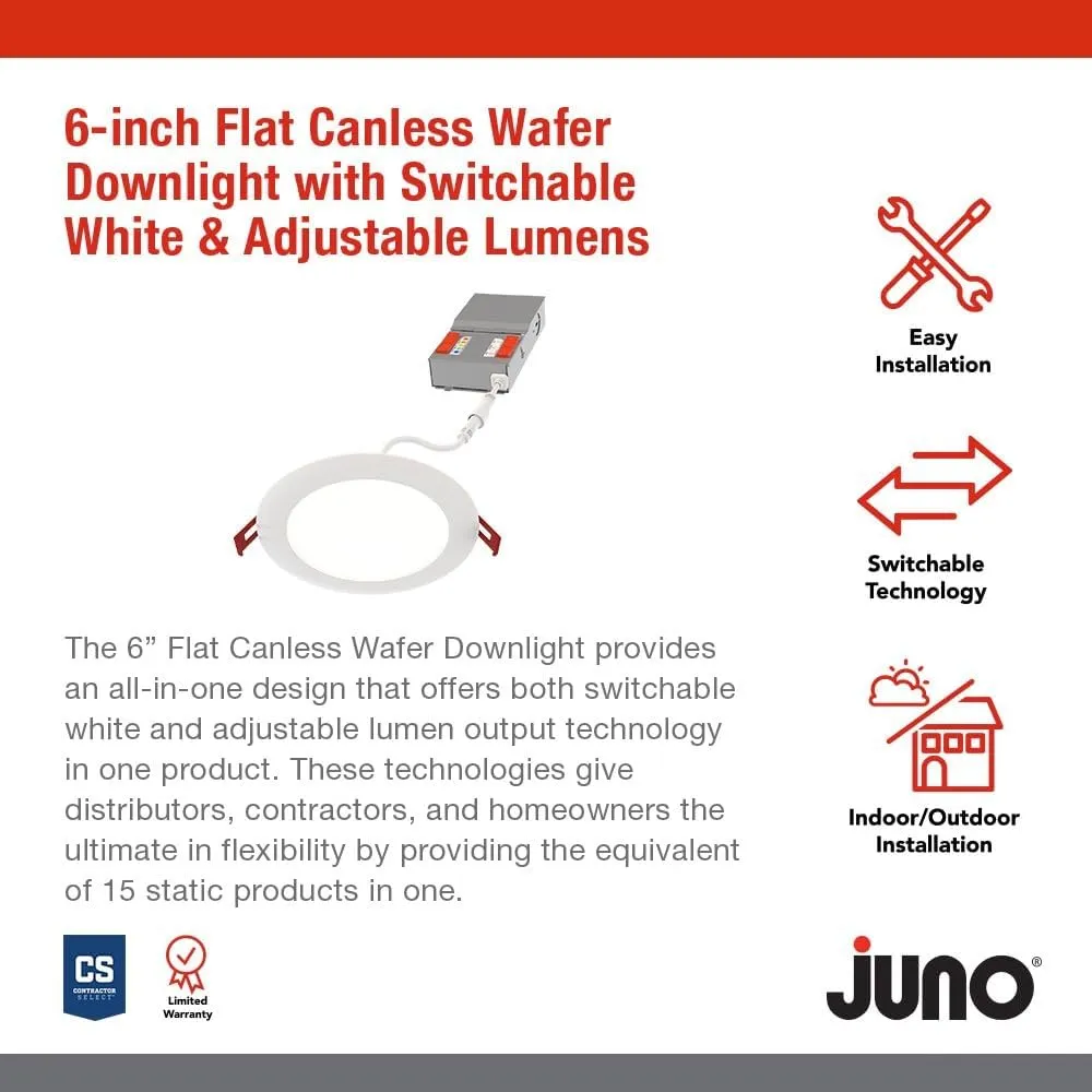 Juno WF6 ALO20 SWW5 90CRI MVOLT MW M6 Canless LED Wafer Downlight, Switchable White 2700K-5000K, Adjustable Lumens, Flat Trim, Matte White, 6-Inch