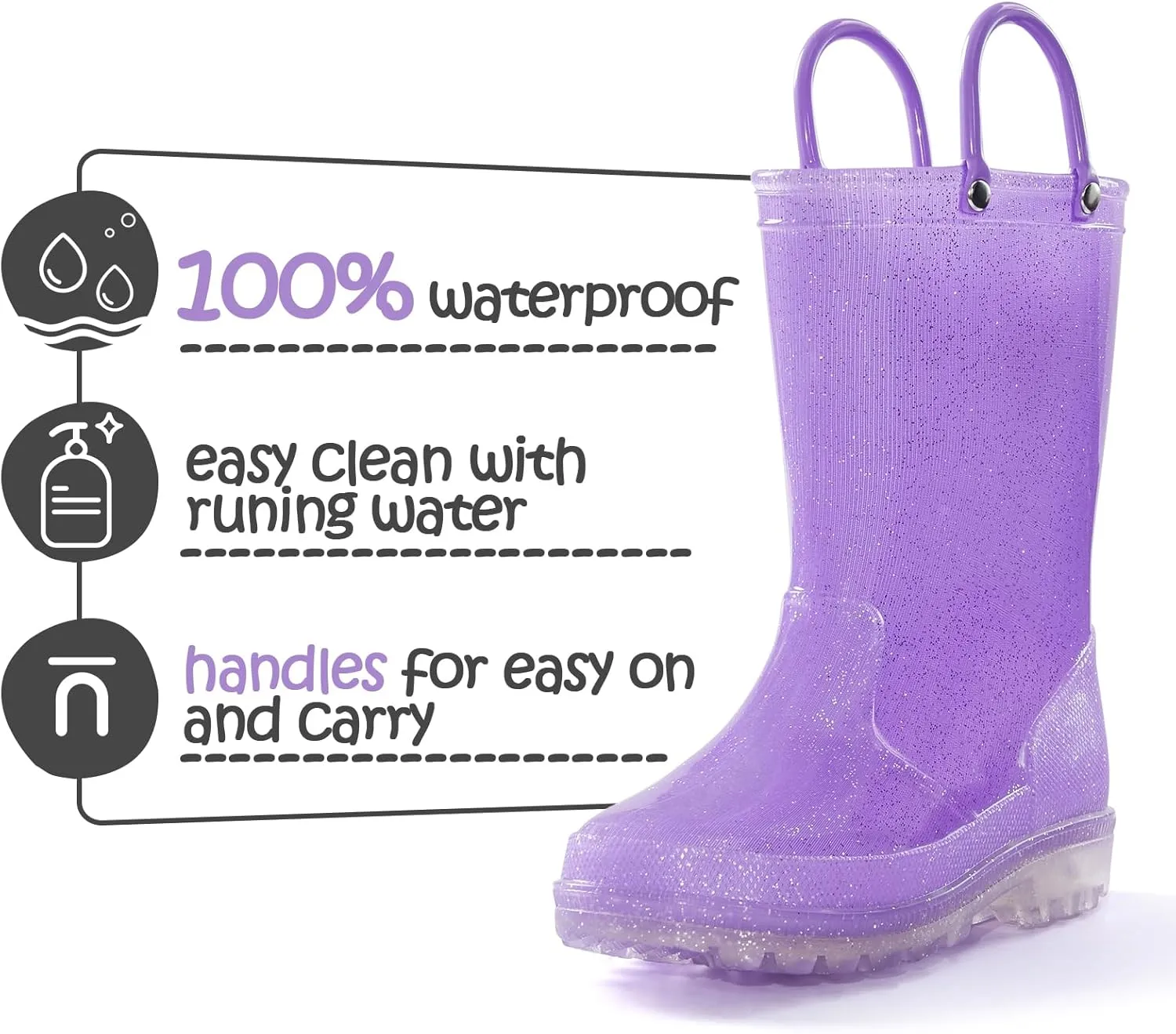 K KomForme Girls Rain Boots,Kids Glitter Waterproof Boots with Easy-on Handles