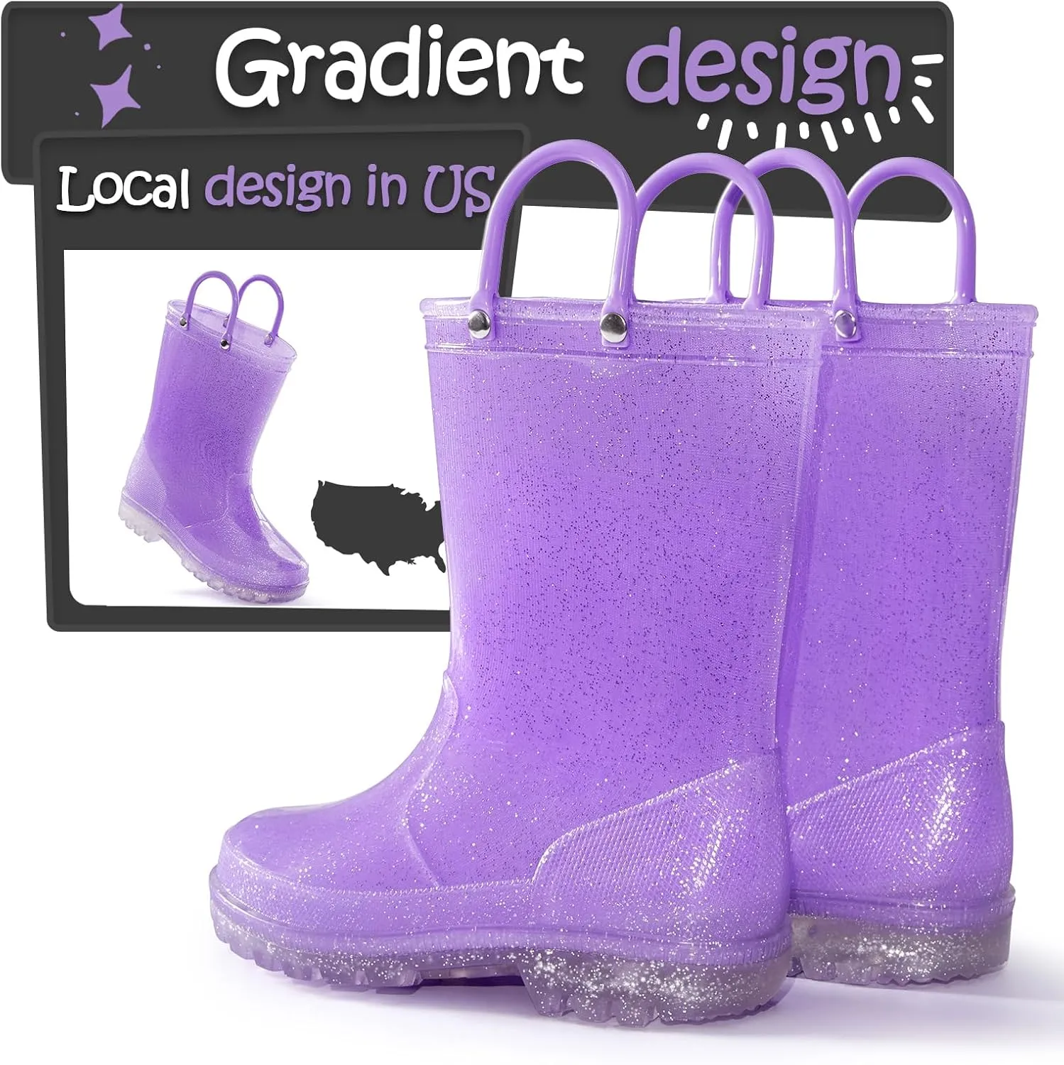 K KomForme Girls Rain Boots,Kids Glitter Waterproof Boots with Easy-on Handles