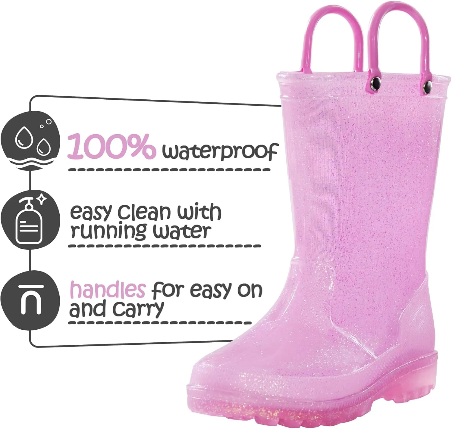 K KomForme Girls Rain Boots,Kids Glitter Waterproof Boots with Easy-on Handles