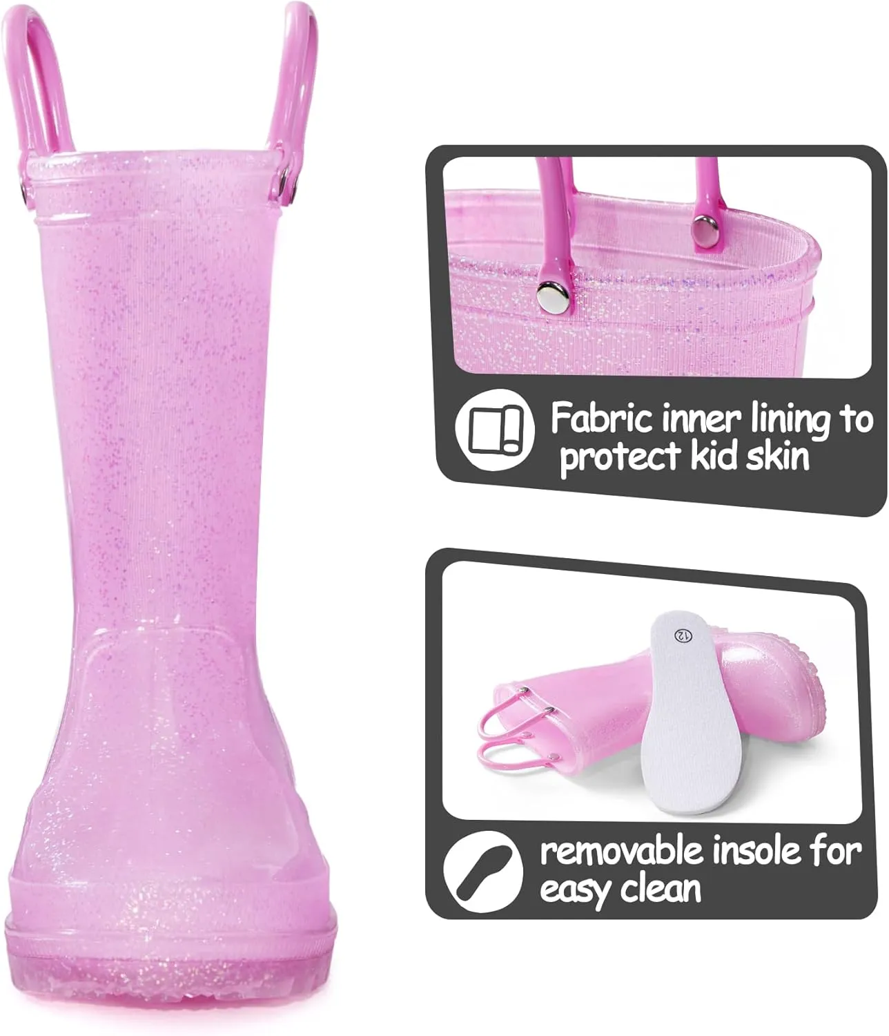 K KomForme Girls Rain Boots,Kids Glitter Waterproof Boots with Easy-on Handles