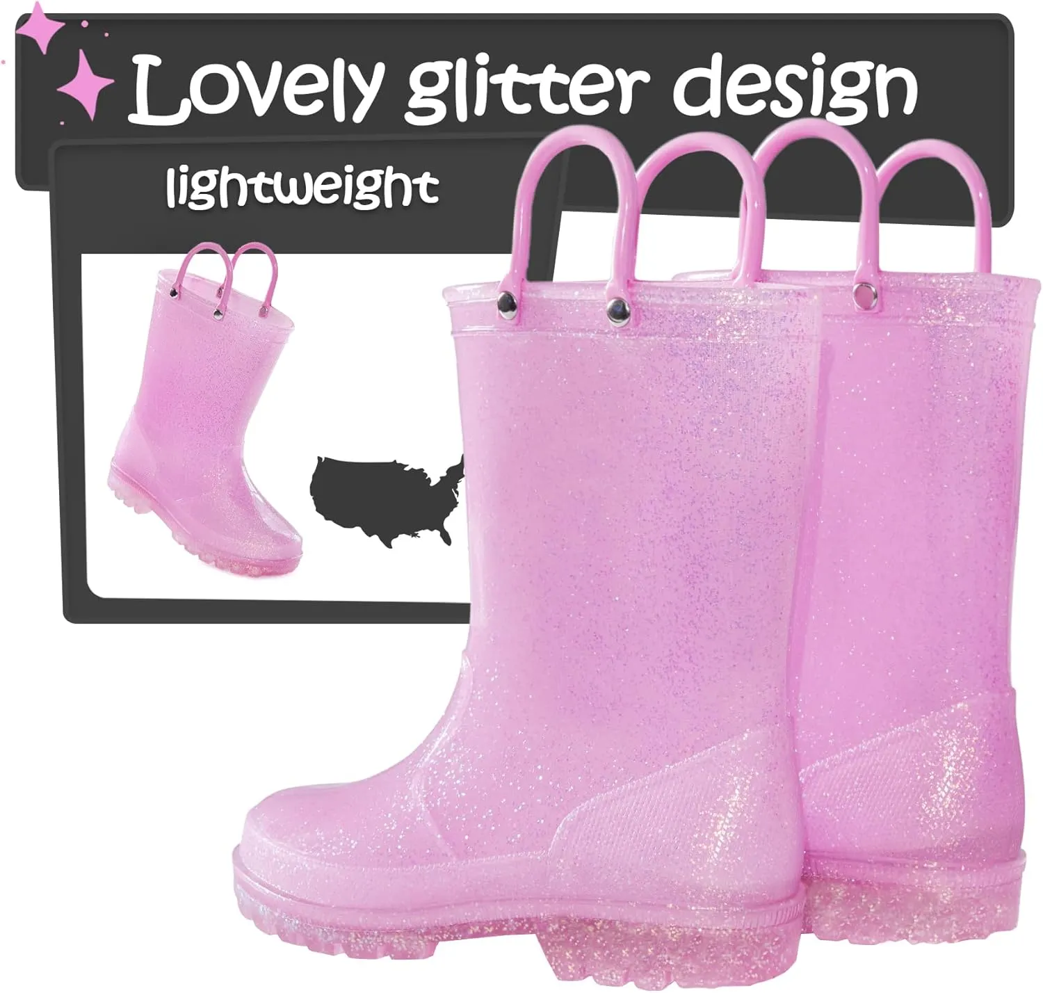 K KomForme Girls Rain Boots,Kids Glitter Waterproof Boots with Easy-on Handles