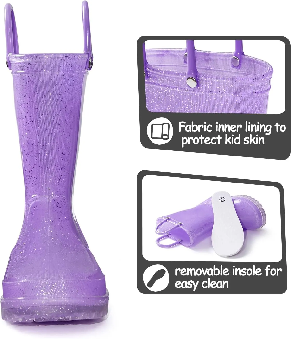 K KomForme Girls Rain Boots,Kids Glitter Waterproof Boots with Easy-on Handles