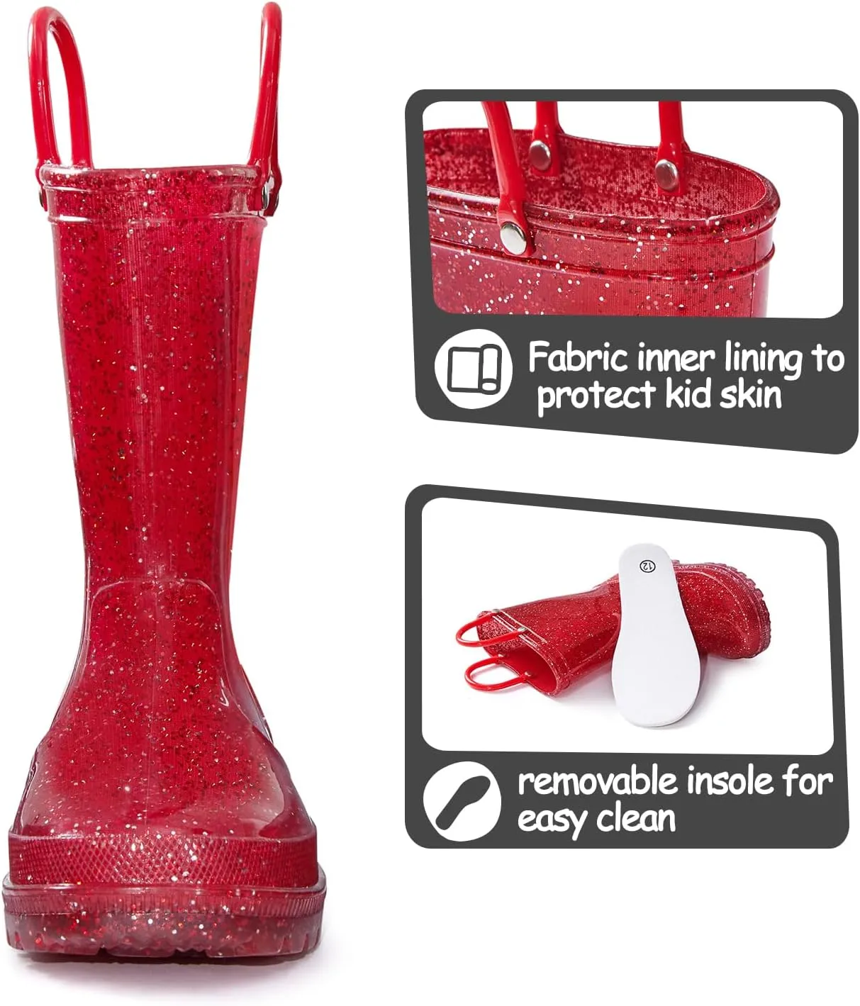 K KomForme Girls Rain Boots,Kids Glitter Waterproof Boots with Easy-on Handles