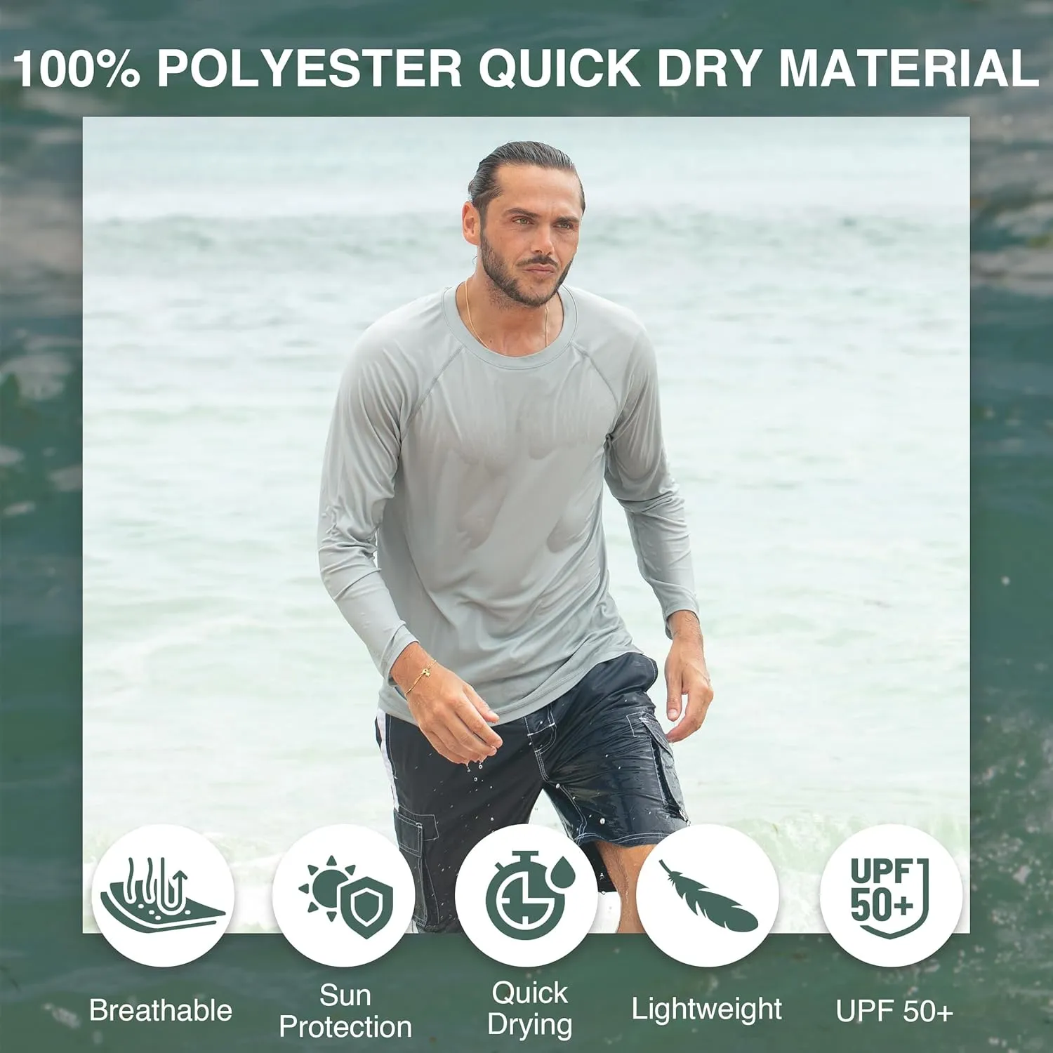 Kanu Surf Men's Rash Guard Long Sleeve Swim Shirts for Men SPF UPF 50 Sun Protection Fishing and Running Shirt