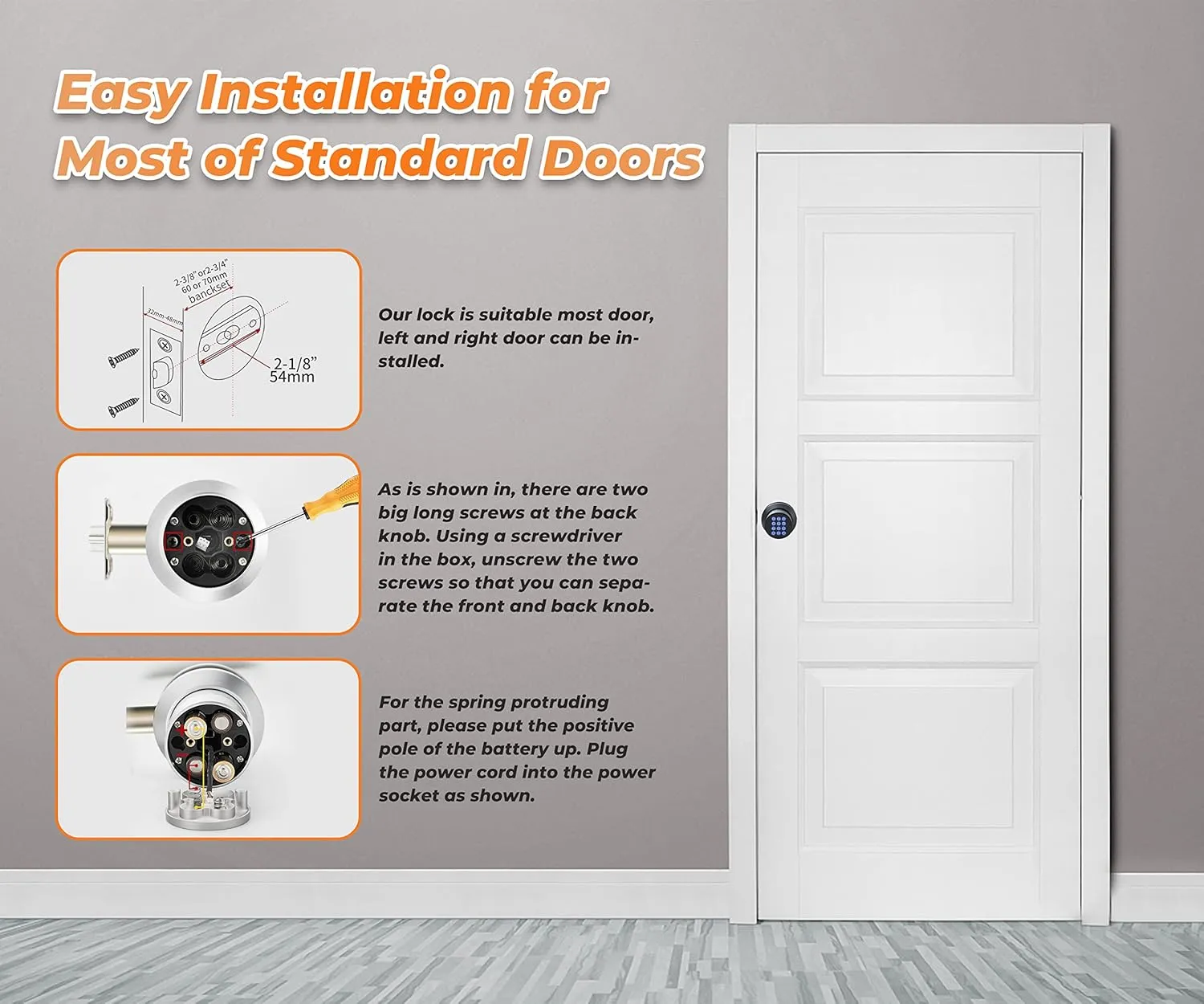 Keypad Door Knob Lock, Keyless Entry Door Knob with Anti-Slip Handle, Auto Lock, Waterproof Electronic Black Door Knob, Safe and Easy Installation for Home, Office, Hotel and Garage