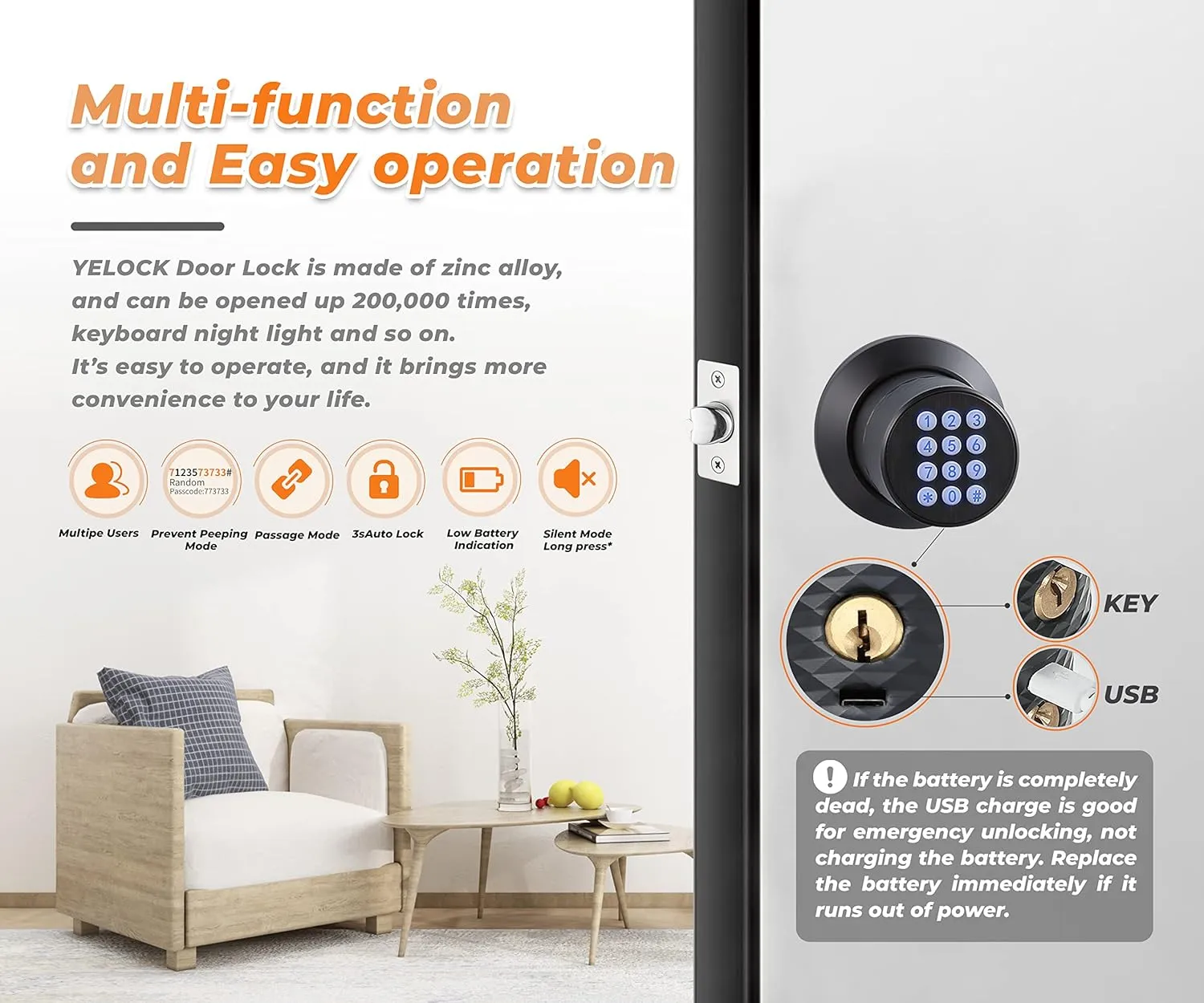 Keypad Door Knob Lock, Keyless Entry Door Knob with Anti-Slip Handle, Auto Lock, Waterproof Electronic Black Door Knob, Safe and Easy Installation for Home, Office, Hotel and Garage