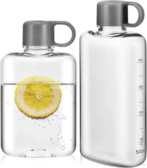 Kisangel 2pcs Clear Reusable Slim Flat Water Bottle Flat Portable Travel Mug Handbag Slim Cold Flask for Camping Fitness Cycling(360ML 500ML, 1pc Each)