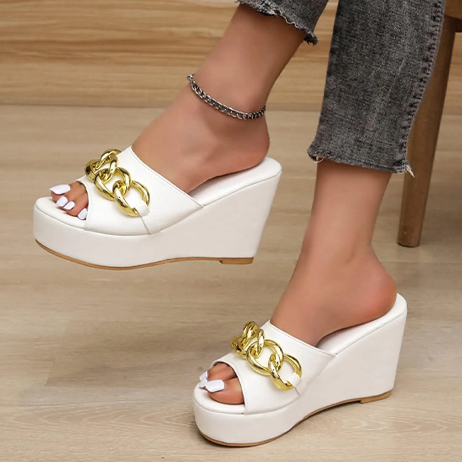 Ladies Platform High Heel Shoes Summer Dressy Slip on Slides Sloping Heels Slippers Open Toe Sandals for Women