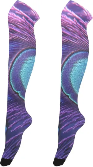 Ladies/Women Purple Peacock Feather Knee High Fashion Stocking Socks