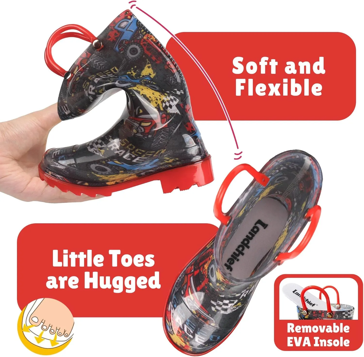 landchief Toddler Rain Boots Kids Waterproof Boots for Boys Girls with Easy-on Handles Outdoor Unisex-Child